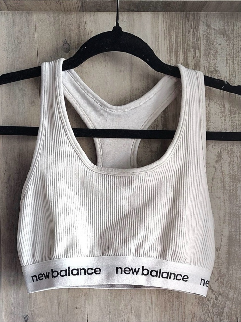 New Balance White Ribbed Racerback Sports Bra with Logo Band